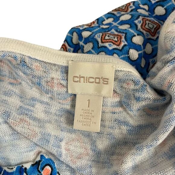 CHICO'S Blue Orange Knit V-Neck Short Sleeve Ramie & Rayon Blend Thin Sweater 1 - Picture 14 of 16